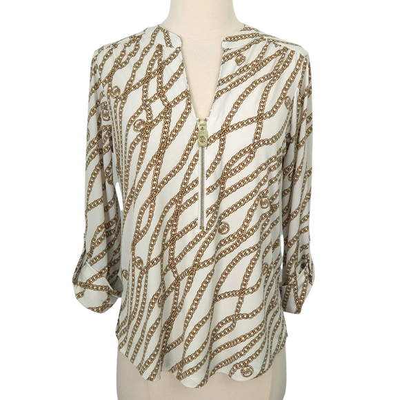Michael Kors White & Gold Chain Roll-Tab 3/4 Sleeve Top - Picture 1 of 8